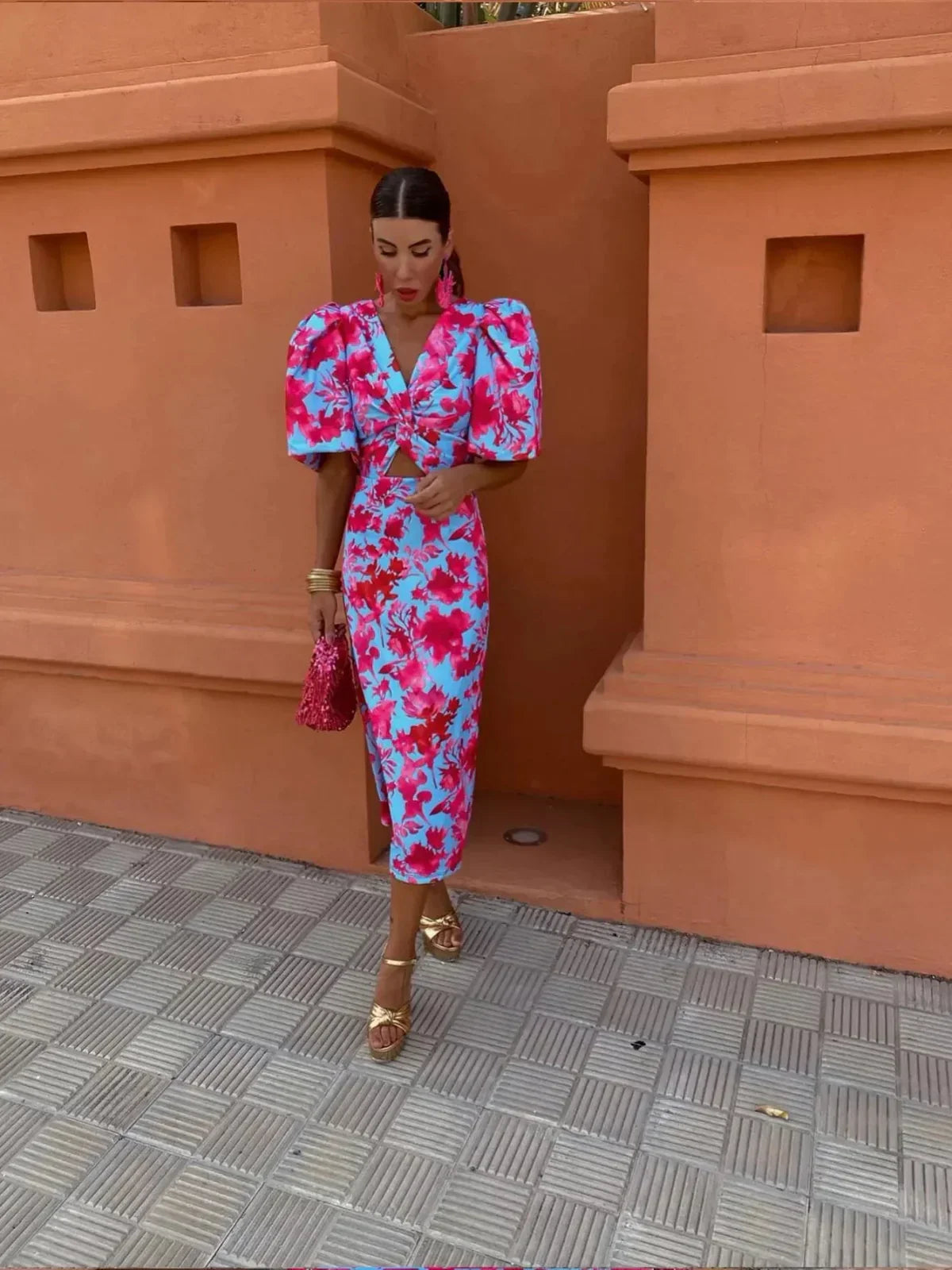 Lina | Kleurrijke Jurk met Geplooide Mouwen